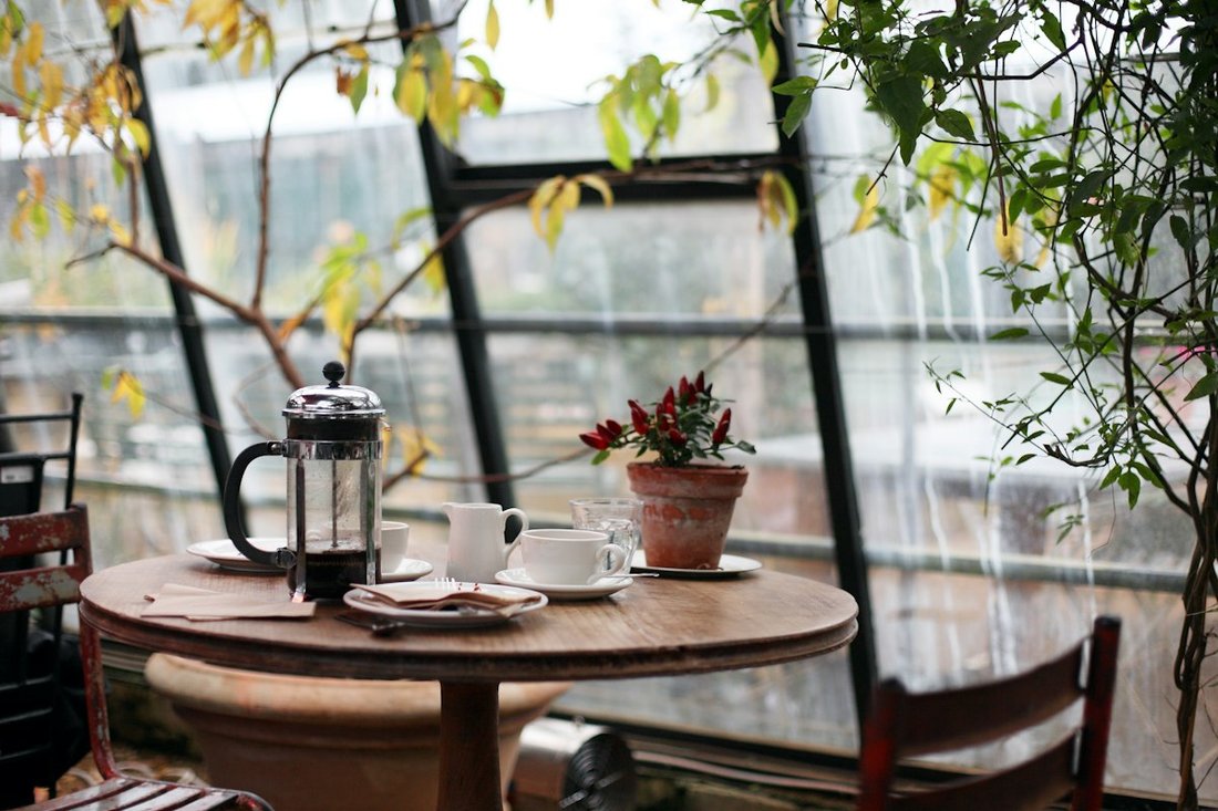 Mesa junto a una ventana con plantas, ambiente cálido de cafetería